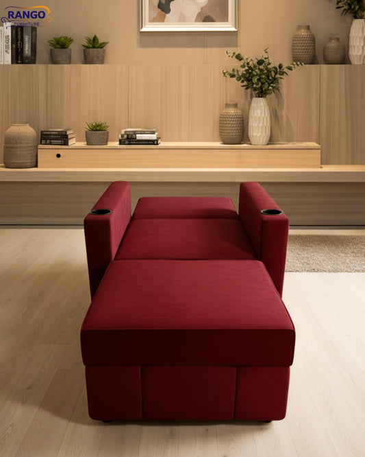 Rango Furniture Chair-Bed: A smart and practical solution for small spaces. Width 90, Height 95, Length 185, Depth 80. Color: Burgundy.