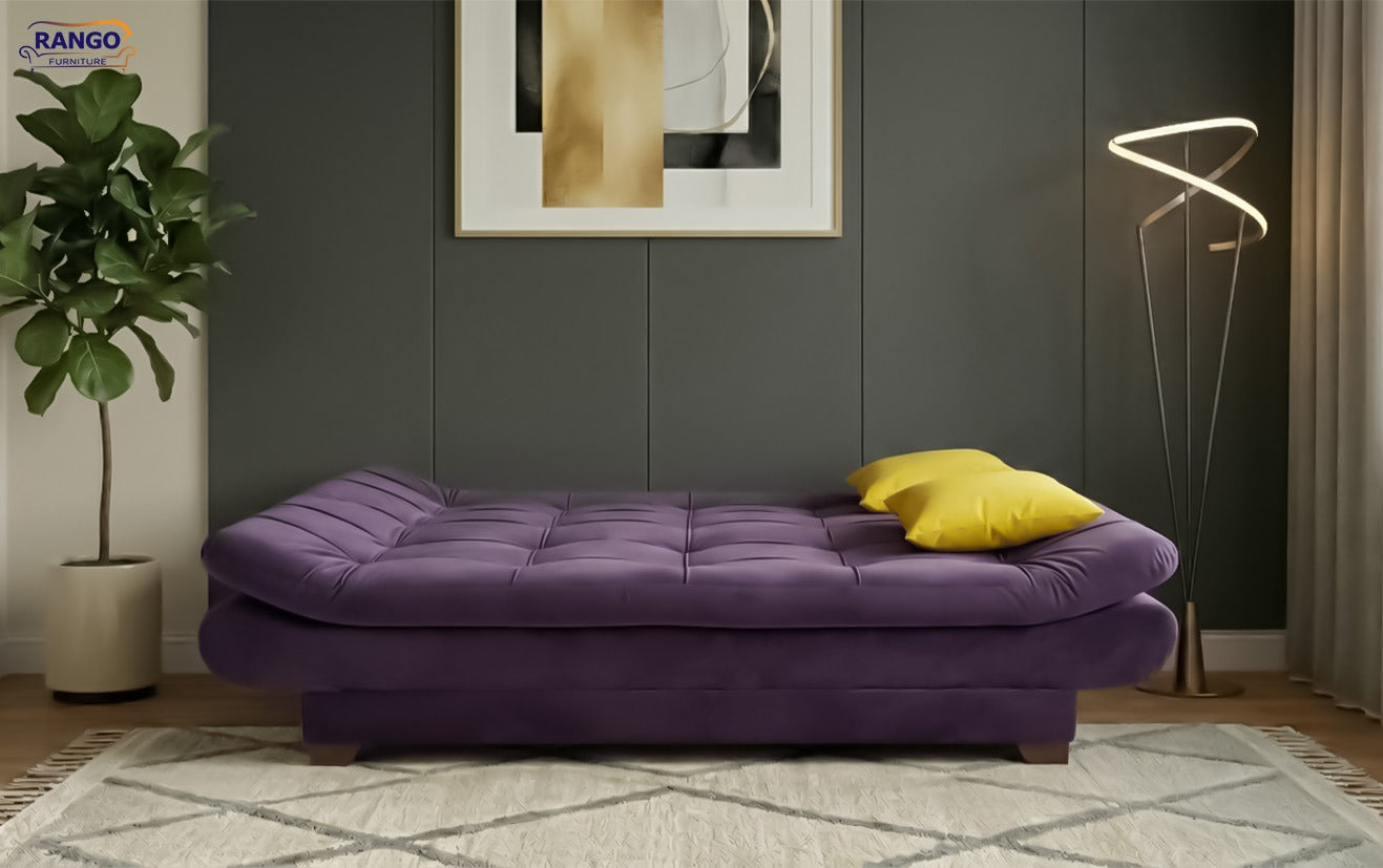 "Sofa bed by Rango Furniture, perfect for living rooms, guest rooms, and small spaces. Size: 120×190 cm, Color: Purple