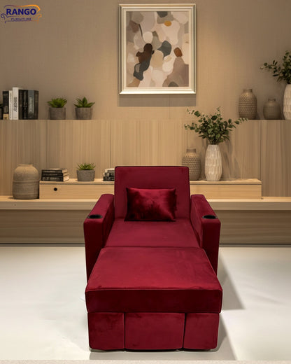Rango Furniture Chair-Bed: A smart and practical solution for small spaces. Width 90, Height 95, Length 185, Depth 80. Color: Burgundy.