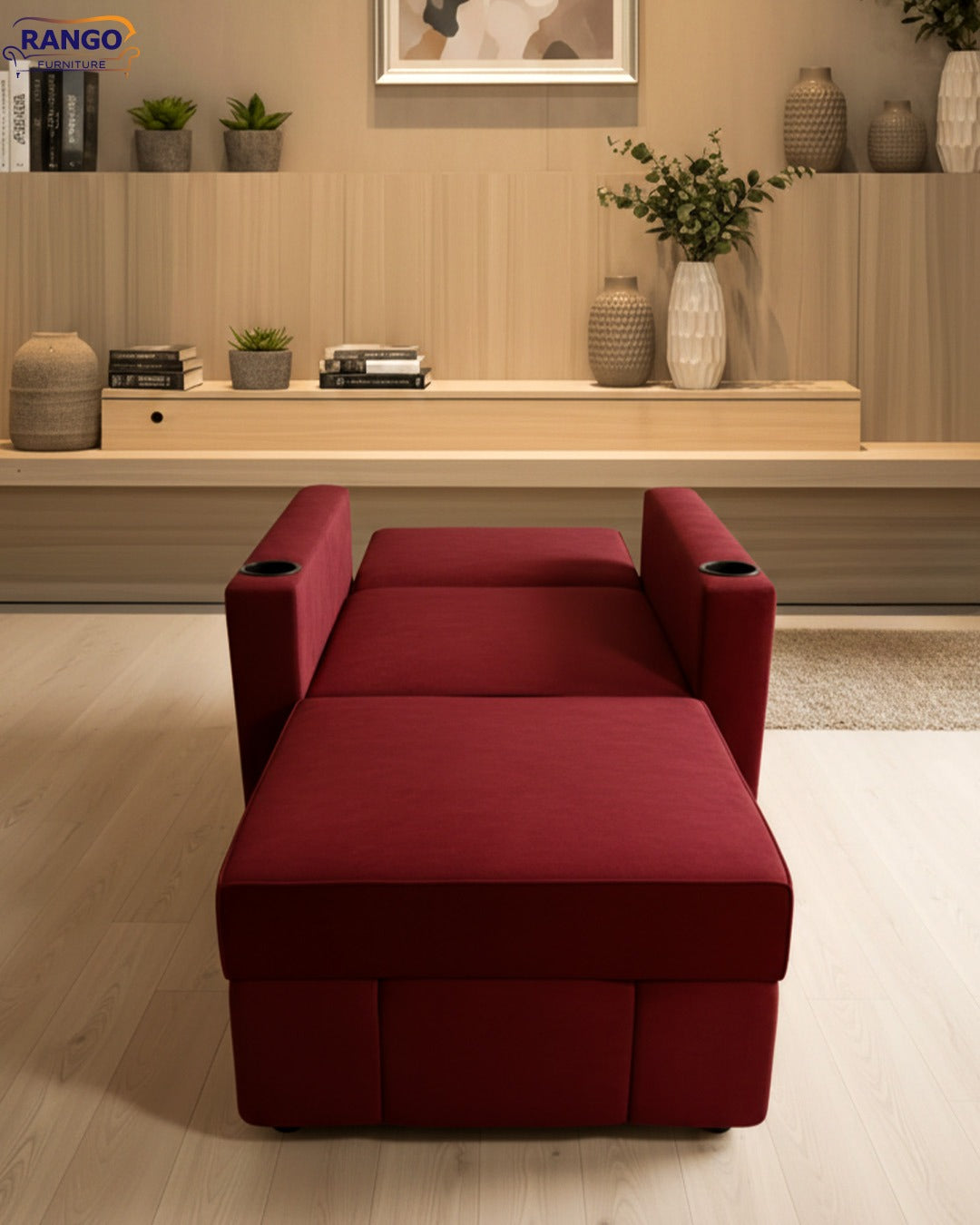 Rango Furniture Chair-Bed: A smart and practical solution for small spaces. Width 90, Height 95, Length 185, Depth 80. Color: Burgundy.