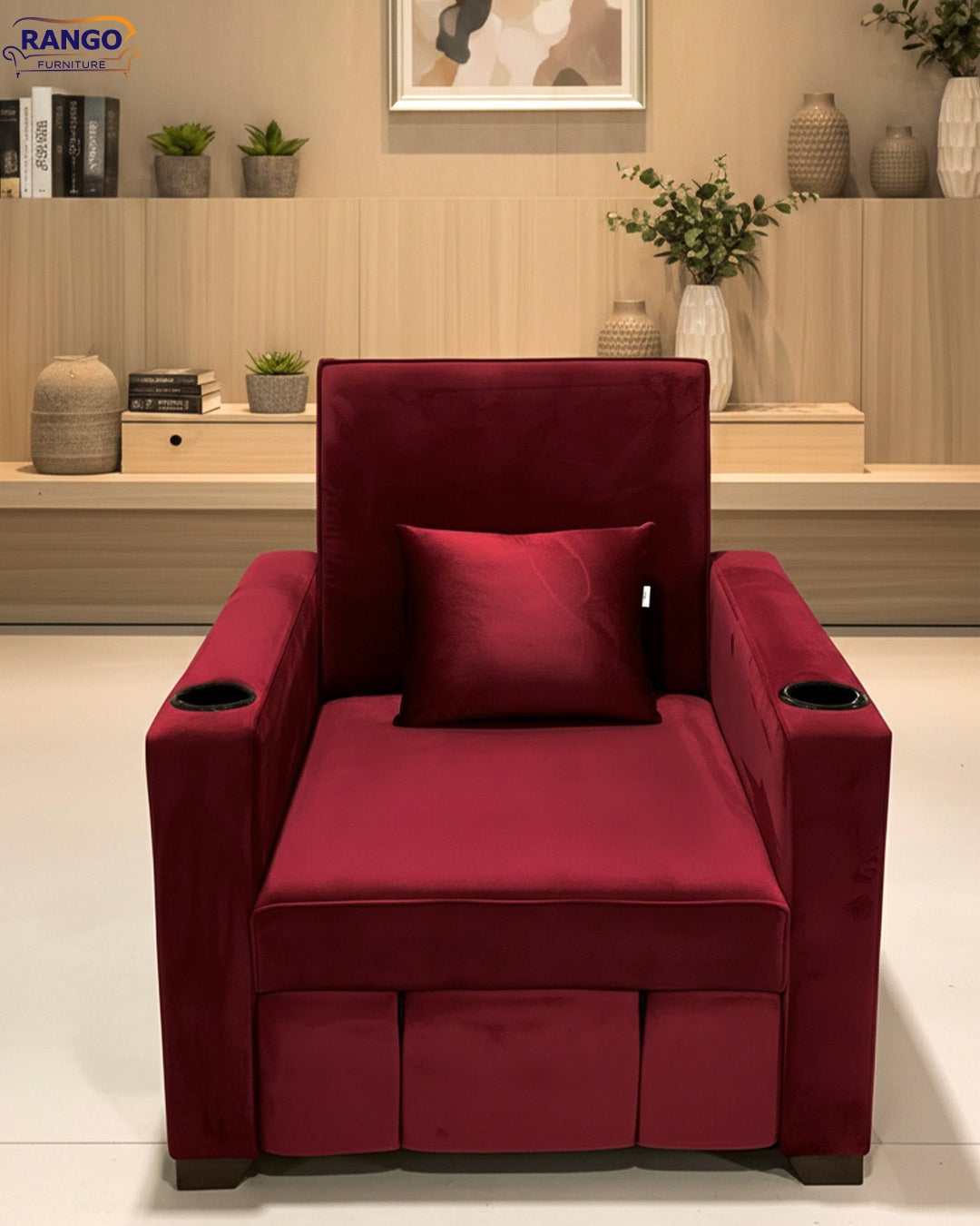 Rango Furniture Chair-Bed: A smart and practical solution for small spaces. Width 90, Height 95, Length 185, Depth 80. Color: Burgundy.