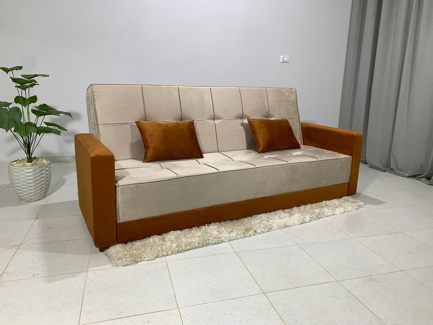 Rango Furniture Sofa Bed – Perfect for living rooms, guest rooms, and small spaces. Dimensions: 120×210 cm. Color: Beige & Havan.