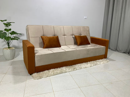 Rango Furniture Sofa Bed – Perfect for living rooms, guest rooms, and small spaces. Dimensions: 120×210 cm. Color: Beige & Havan.