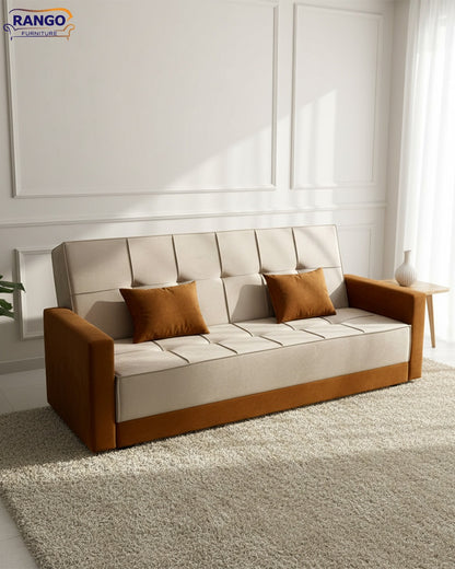 Rango Furniture Sofa Bed – Perfect for living rooms, guest rooms, and small spaces. Dimensions: 120×210 cm. Color: Beige & Havan.