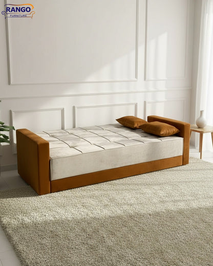 Rango Furniture Sofa Bed – Perfect for living rooms, guest rooms, and small spaces. Dimensions: 120×210 cm. Color: Beige & Havan.