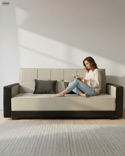 Rango Furniture Sofa Bed – Perfect for living rooms, guest rooms, and small spaces. Dimensions: 120×210 cm. Color: Beige & Brown.