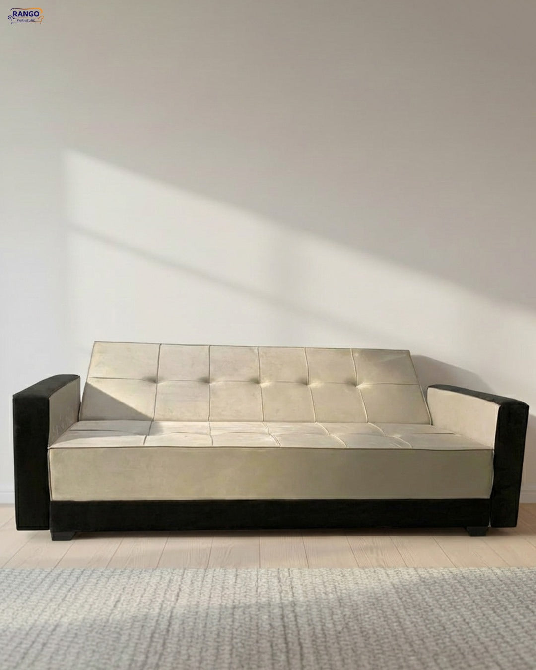 Rango Furniture Sofa Bed – Perfect for living rooms, guest rooms, and small spaces. Dimensions: 120×210 cm. Color: Beige & Brown.