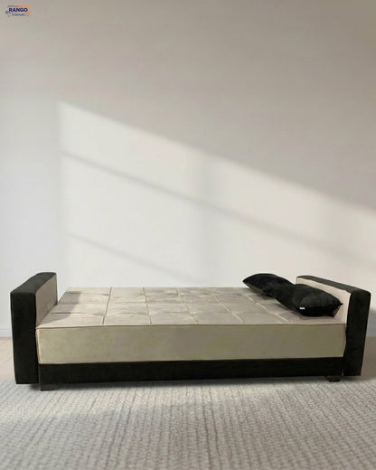 Rango Furniture Sofa Bed – Perfect for living rooms, guest rooms, and small spaces. Dimensions: 120×210 cm. Color: Beige & Brown.