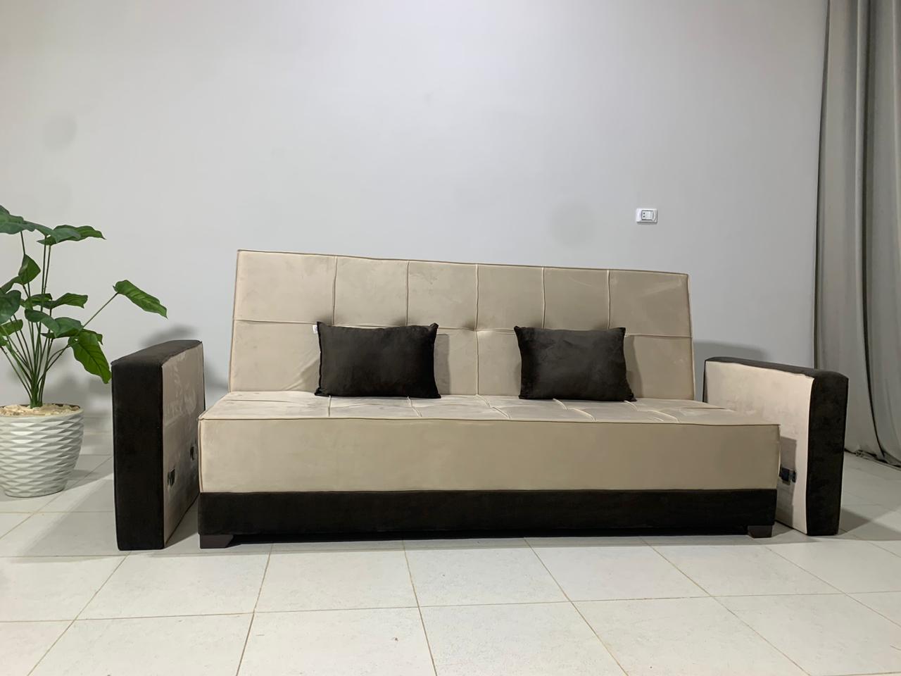 Rango Furniture Sofa Bed – Perfect for living rooms, guest rooms, and small spaces. Dimensions: 120×210 cm. Color: Beige & Brown.