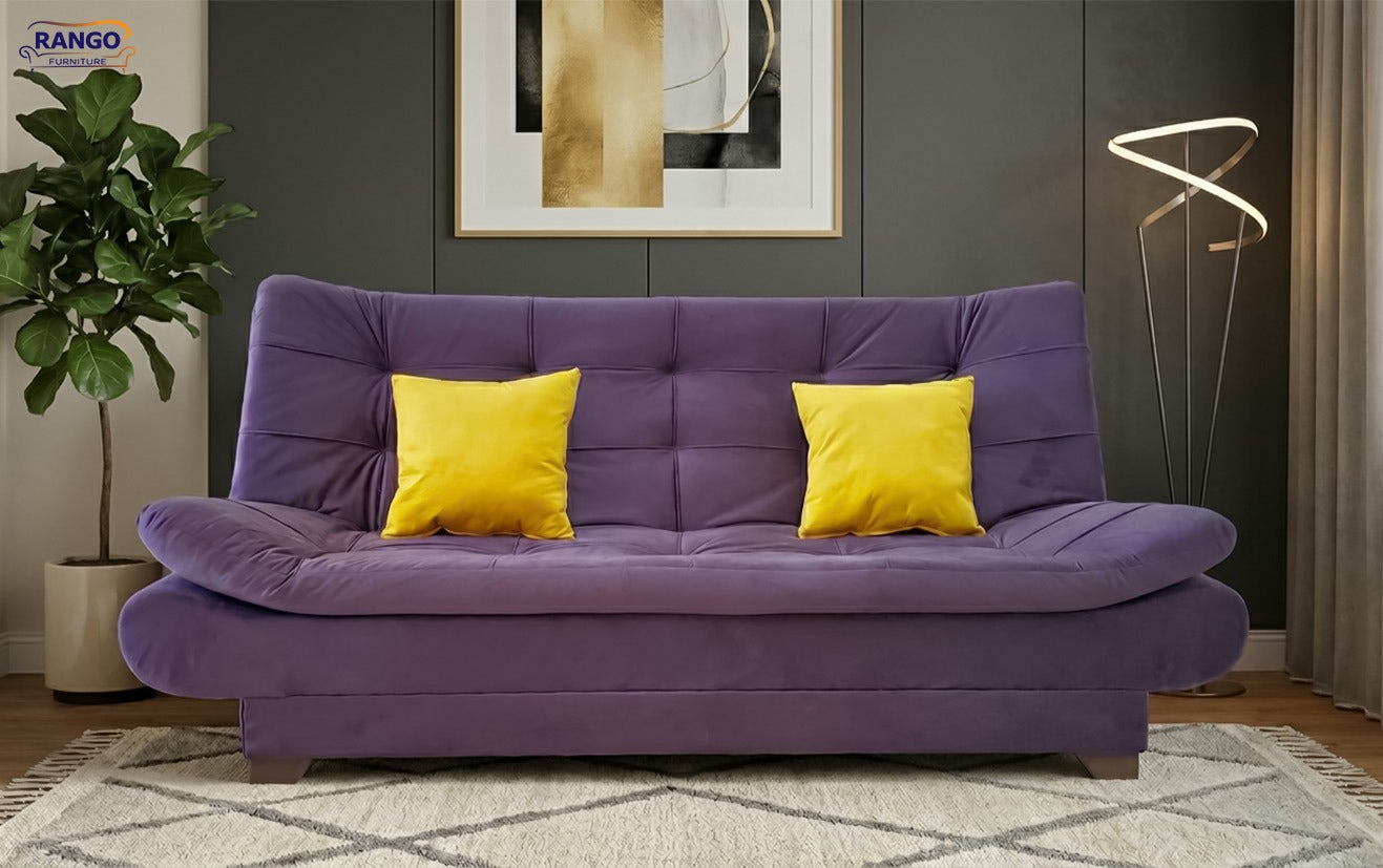 "Sofa bed by Rango Furniture, perfect for living rooms, guest rooms, and small spaces. Size: 120×190 cm, Color: Purple