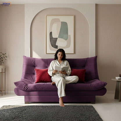 "Sofa bed by Rango Furniture, perfect for living rooms, guest rooms, and small spaces. Size: 120×190 cm, Color: Purple