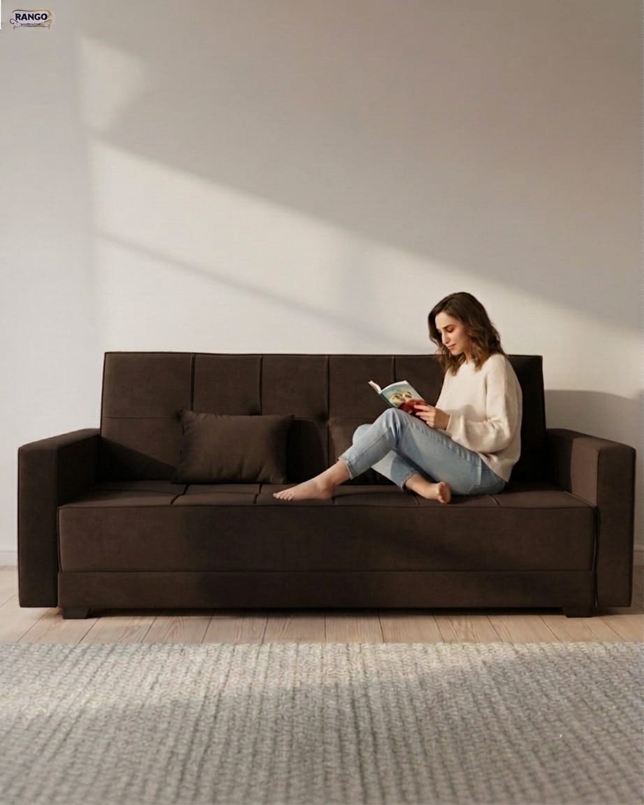 Rango Furniture Sofa Bed – Perfect for living rooms, guest rooms, and small spaces. Dimensions: 120×210 cm. Color: Brown