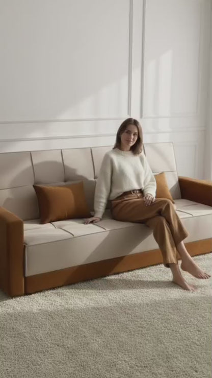 Rango Furniture Sofa Bed – Perfect for living rooms, guest rooms, and small spaces. Dimensions: 120×210 cm. Color: Beige & Havan.